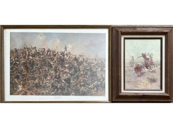 2pc Framed Art Incl. Custer's Last Stand & Cowboy Scene