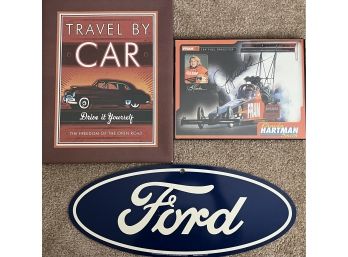 3pc Car Themed Wall Decor Incl. Signed Rhonda Hardman Smith Top Fuel Drag Racer Poster