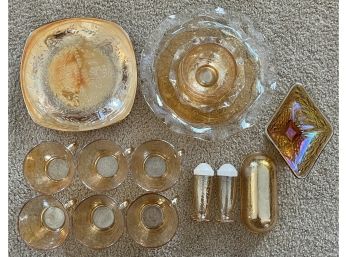Large Collection Of Amber Glass Incl. Salad Plates, Bowls, Teacups, Salt & Pepper, Butter Lid & Carnival Glass