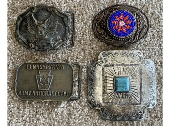 Lot Of Belt Buckles Including Harley Davidson , Handcrafted Beaded Brss, Turquoise Buckle And National Guard