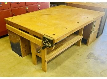 Shop Table With Drawers, Vice And Contents