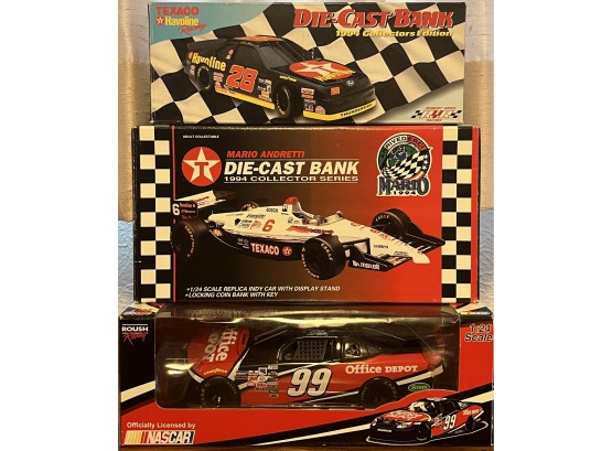 3pc Collection Of Assorted Collector's Cars & Die Cast Banks Incl. Office Depot Car, Mario Andretti Car & More