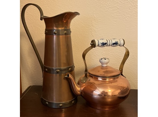 2pc Copper Lot Incl. Water Pitcher & Teapot W/ Porcelain Handle