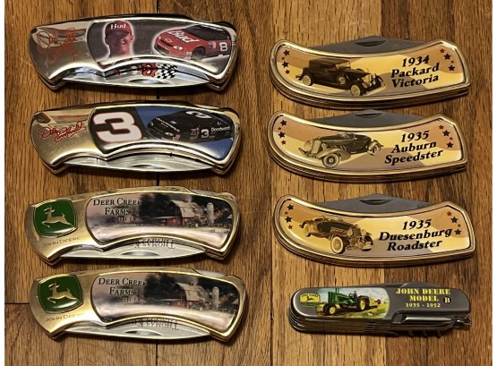 Assorted Lot Of Collector's Pocket Knives W/ Car Themed Designs Incl. John Deere, Dale Earnhardt & More