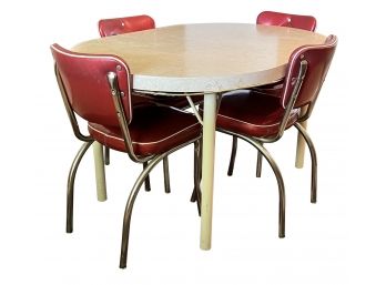 Mid Century Dining Room Table W/ 4 Red Vynil Chairs
