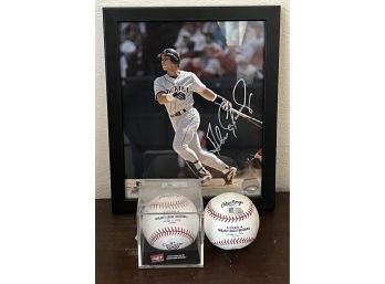 3pc Collection Of Baseball Memorabilia Incl. 2 Collectible Baseballs & 1 Signed Andres Galarraga Picture