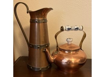 2pc Copper Lot Incl. Water Pitcher & Teapot W/ Porcelain Handle
