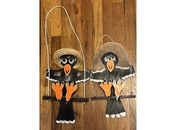 2pc Hand Made Wooden Crows On Swings Wall Decor