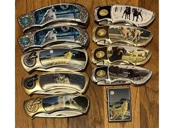 Assorted Lot Of Vintage Collector's Pocket Knives W/ Wolf & Dog Inlay Designs Incl. Lighter