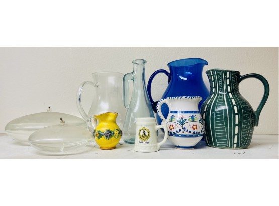 Assorted Pitchers & 2 Glass Oil Candles