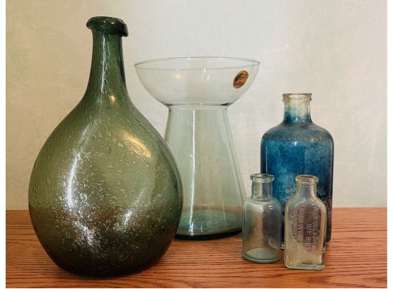 Collection Of Antique Glass Bottles Including Demijohn (Demijon) With Tons Of Air Bubbles