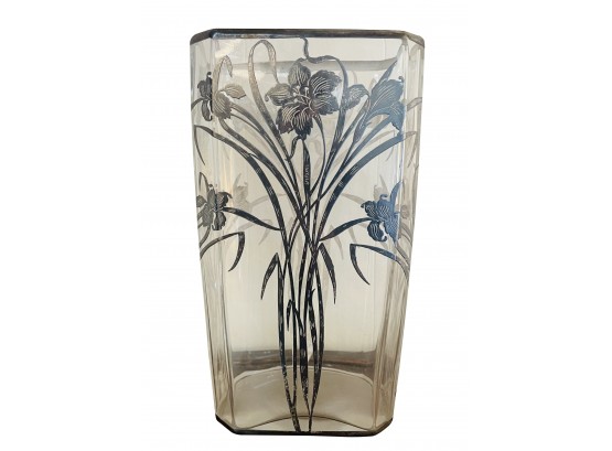 Lovely Antique Glass Vase With Sterling Overlay Flower Design