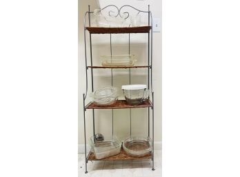 Small Wicker Bakers Rack With Pyrex Bakeware Assortment