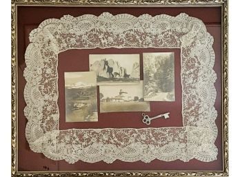 Framed Antique Photos Displayed With Antique Skeleton Key