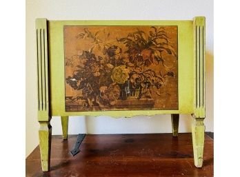Vintage Green Painted Wood Magazine Rack With Original Floral Decal