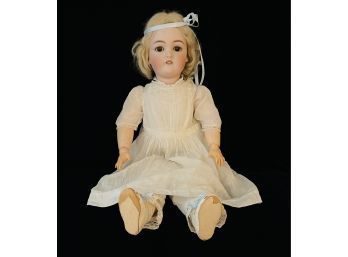 Large Antique German Porcelain Doll With Jointed Legs & Hands Sleep Eyes Teeth Showing Mohair Wig Marked S & M