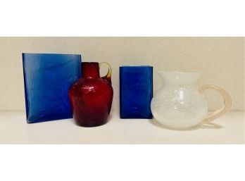 4 Blown Glass Pieces With Cobalt Red Pitchers