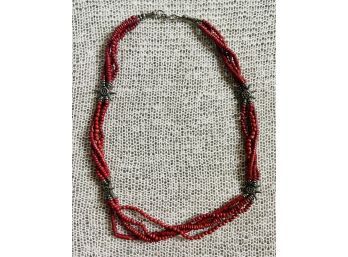 Red Bead Necklace With Silver Tones Accents