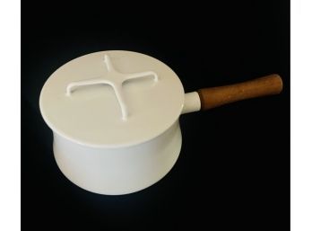Vintage White Enameled Cast Iron Dansk Pot With Lid Wood Handle