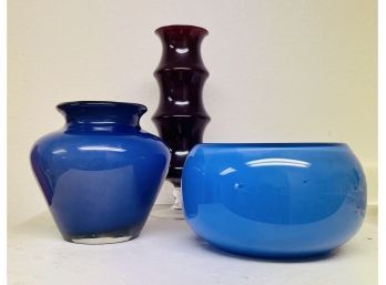 3 Art Glass Vases With Cranberry Red & 2 Blue