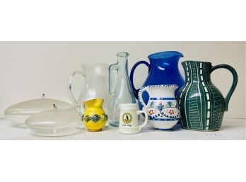 Assorted Pitchers & 2 Glass Oil Candles