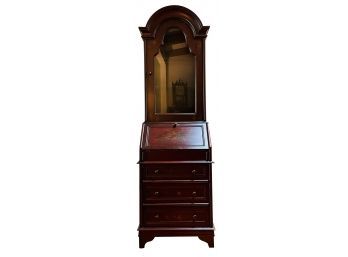 Small Antique Reproduction Drop Lid Secretary With Curio Display Top & Drawers Painted Dark Red With Floral