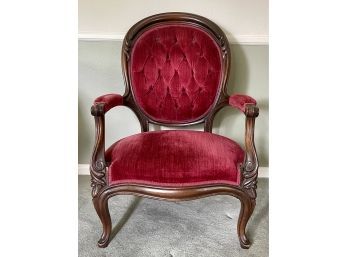 Antique Victorian Carved Parlor Arm Chair Tufted Back Red Velvet