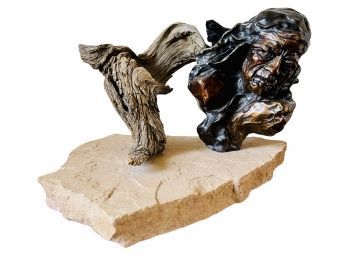 Apache Wind Bronze Sculpture Bust On Sandstone Base & Natural Driftwood By D. M. Murray