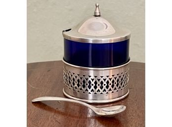 Pierced Sterling Condiment Jar With Cobalt Glass Insert & Small Spoon