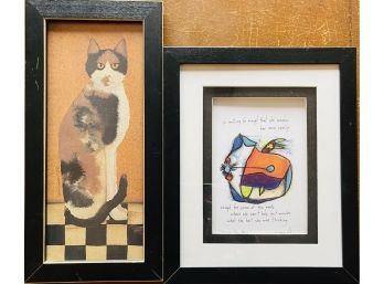 Signed Framed Art Print With Quote 'Almost New Age' 2002 & Primitive Style Cat Picture