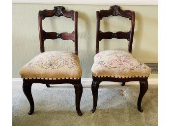 2 Antique Victorian Dining/Side Chairs With Needlepoint Seats