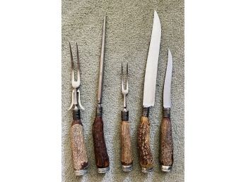 5 Antique Stag Handle With Sterling End Caps Carving Set By Bottle Cutlery CO. Germany