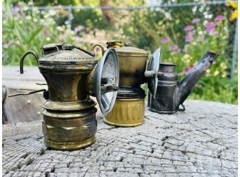 3 Antique Miner's Carbide Lamps 1 Autolite, 1 Justrite, 1 1890's Greir Bros Tin Teapot Style
