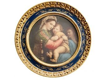 Vintage Italian Reproduction Madonna & Child Print In Round Frame