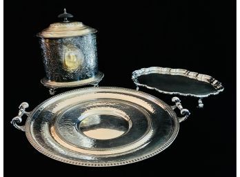 3 Vintage Silver Plate Lot With Ornate Dish With Handles Lidded Biscuit Box & Oval Plate