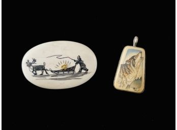 Alaskan Scrimshaw Jewelry With Sterling Sled Dog Pendant & Brooch With Tiny Gold Nugget