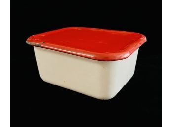 Antique Enameled White & Red Storage Container Chipped