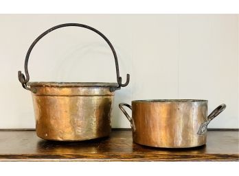 2 Antique Copper Pots With Handles Need Cleaning