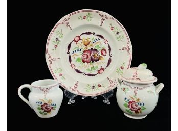 3 Vintage Hand Painted English Porcelain Set By Calyn Ware With Creamer Sugar & Plate