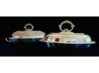 2 Oval Lidded Silver Plated Serving Dishes With Removable Finials