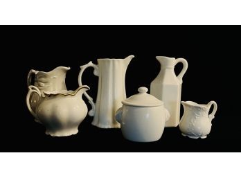 6 Pc Compatible White Ceramic & Porcelain Pitchers & Creamer