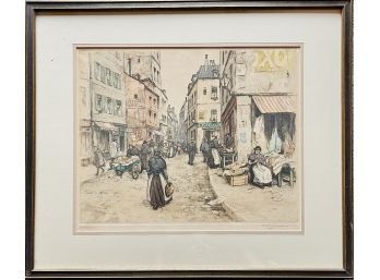 Pencil Signed Antique Hand Colored Etching Of Old European Street Scene'Morning, Rue Moffetard' By T. S. Simon
