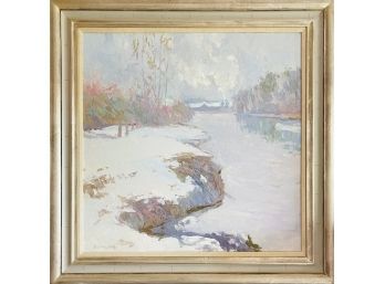 Original D.W. Pinkham Oil Painting Impressionistic Winter Scene Signed
