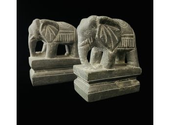 2 Carved Stone Asian Elephant Bookends