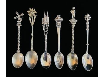6 Silver Tone Vintage Souvenir Spoons