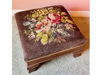 Square Antique Carved Wood Footstool With Floral Needlepoint
