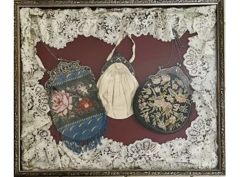 Beautiful Framed Antique Shadowbox Featuring Ladies Antique Beadwork Purses And Gorgeous Handmade Lace