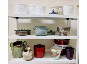 Assortment Planters & Shelf Pictured With White Ceramic Planter With 3 From Portugal & More