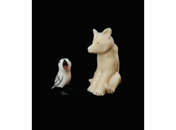 2 Alaskan Carved Bone Animals With Huskey Dog & Puffin Bird