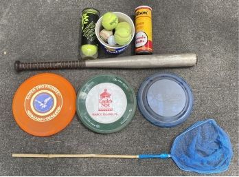 Assortment Of Outdoor Toys Including A Louisville Slugger Bat, Tennis Balls And More